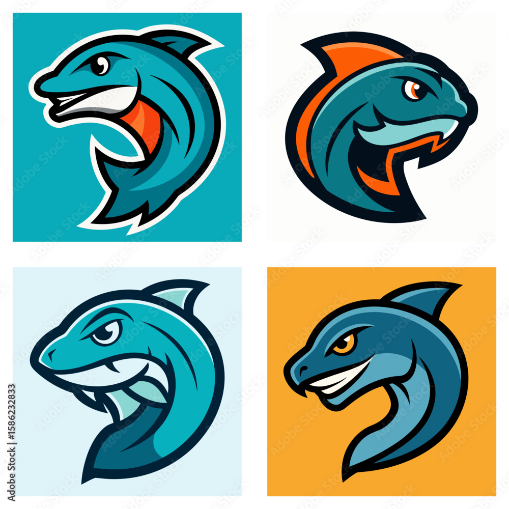 Poster four cartoonish fish logos with different expressions and color schemes in a square arrangement