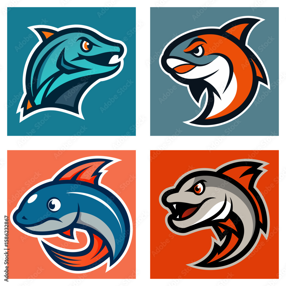 Aufkleber four cartoon fish heads with different color schemes and expressions in square frames set together