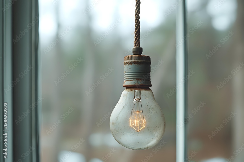 Poster vintage light bulb with glowing filament hanging on rope against blurred window background, creating