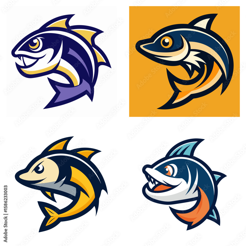 Aufkleber four cartoon fish logos with different color schemes and aggressive expressions facing left side vie