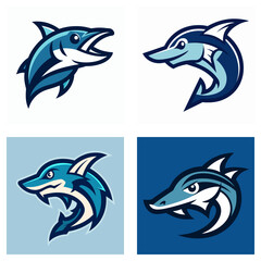 Obraz premium A compilation of four stylized cartoon fish designs in shades of blue and white on square backgrounds