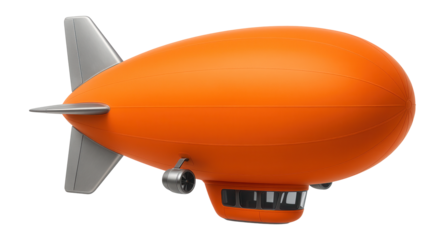Experimental blimp with a triangular tail fin and bright orange hull