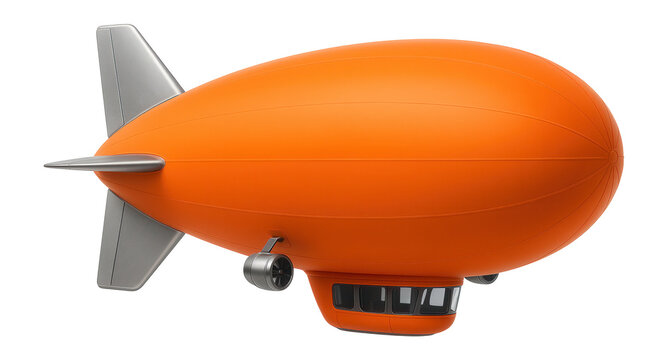 Experimental blimp with a triangular tail fin and bright orange hull