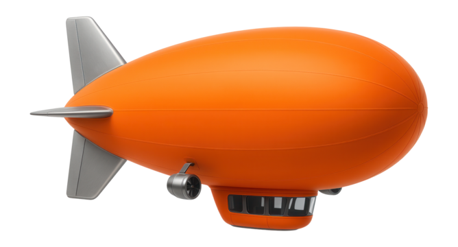 Experimental blimp with a triangular tail fin and bright orange hull