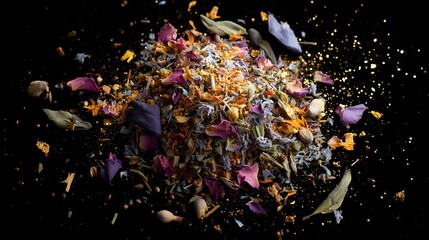Explosive burst of colorful dried flower petals, herbs and botanical elements scattered dramatically against dark background with glowing particles and dust.