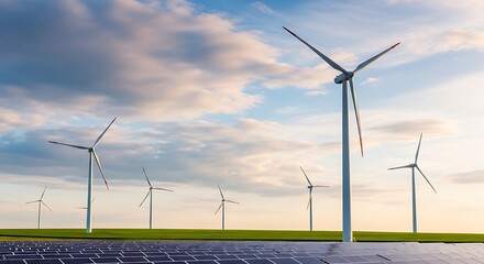 Wind turbines and solar panels stand tall in a green field under a cloudy sky, representing sustainable energy solutions