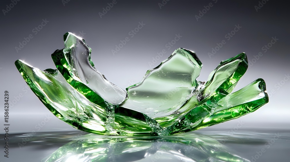 Poster shattered green glass fragments arranged in artistic formation against gray background, creating dyn