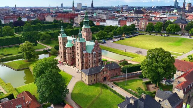 Aerial view of Rosenborg Castle in Copenhagen, Denmark. The King's Garden central Copenhagen, Denmark, Europe