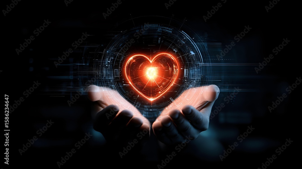 Aufkleber glowing red heart hologram floating above cupped hands against dark background with digital circle e