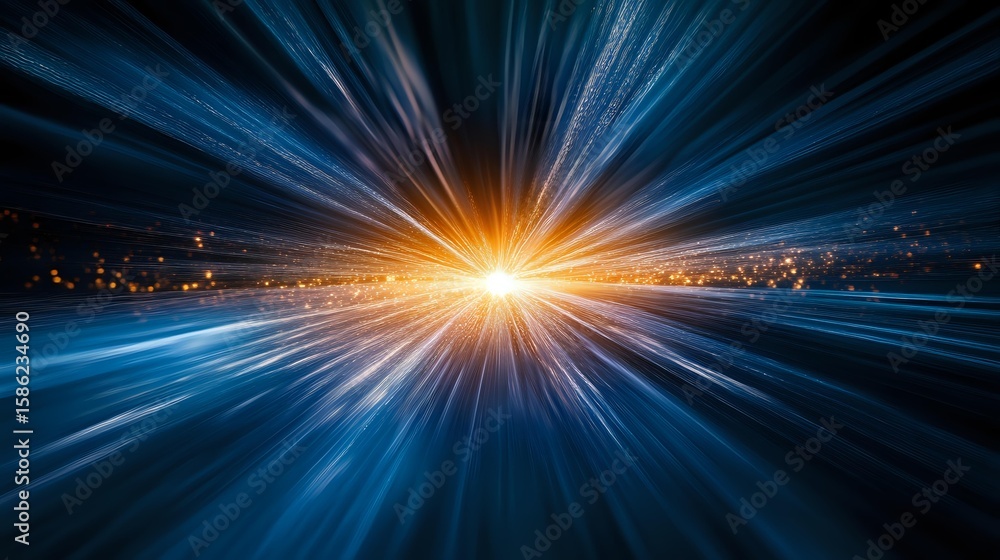 Poster dramatic light burst with blue and orange rays radiating from bright center point against dark backg
