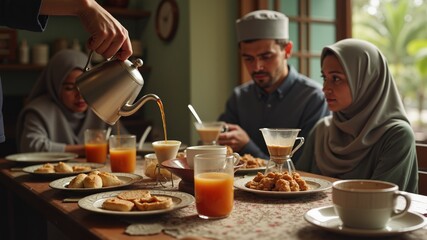 Brazilian family breakfast: Mom pours strained coffee at the breakfast table Muslim business. Authentic Arabian style.
