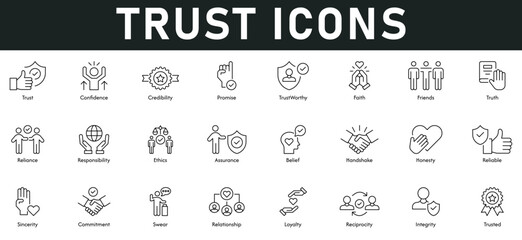 Trust Icons vector illustration with thin line editable stroke containing confidence, credibility, promise, trustworthy, faith, truth, reliance, responsibility, ethics, assurance, belief, handshake