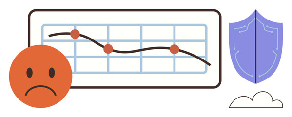 Sad face next to downward graph line with shield and cloud. Ideal for financial loss, risk management, cybersecurity, data analytics, insurance, economy trends, simple flat metaphor