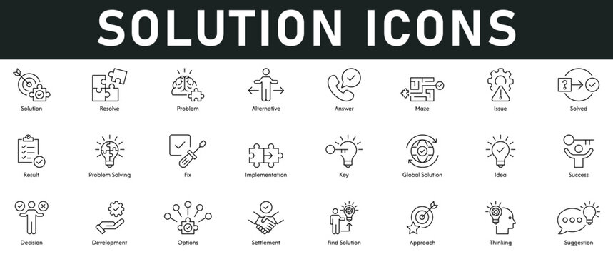 Solution Icons vector illustration with thin line editable stroke contains resolve, thinking, settlement, decision, problem solving, result, fix, implementation, key, idea, success, maze, development