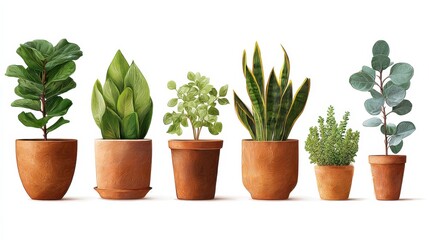 Obraz premium Collection of indoor houseplants in clay pots. Different green plants include ficus and herbs. Brown flowerpots line up isolated on a white background for modern home decoration.