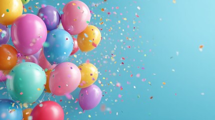 Colorful balloons and confetti on a blue background.