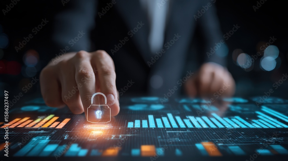Aufkleber business person analyzing a cybersecurity dashboard with a prominent lock icon - data security - it 