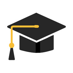 Black graduation cap with yellow tassel in flat vector style