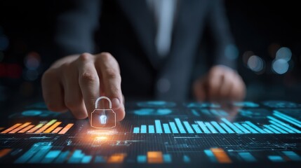 Business person analyzing a cybersecurity dashboard with a prominent lock icon - data security - IT solutions - risk management
