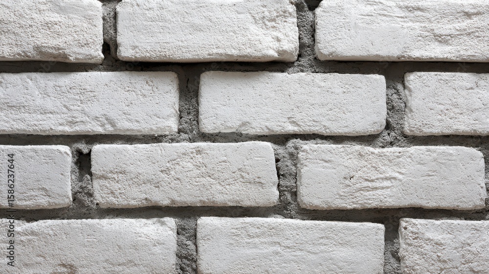 Poster close-up view of a textured wall constructed from white rectangular building blocks joined by grey m