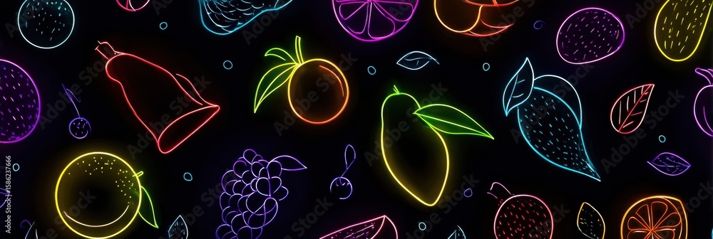Poster neon fruit outlines create vibrant display on dark background with reserved top space
