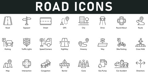 Road Icons vector illustration with thin line editable stroke containing signpost, street, GPS, city, roundabout, route, parking, traffic lights, high way, cross walk, map, intersection, barrier, cone