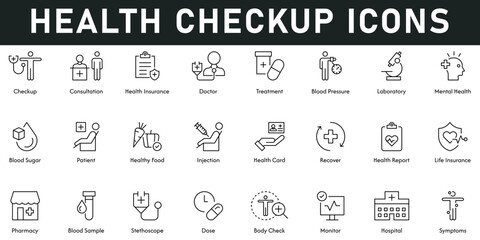 health checkup Icons vector illustration with thin line editable stroke contains consultation, insurance, doctor, treatment, blood pressure, laboratory, mental health, blood sugar, patient, injection