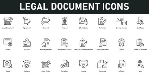 legal Document Icons vector illustration with thin line editable stroke containing agreement, contract, passport, driving license, certificate, patent, ID card, official, diploma, court order, visa