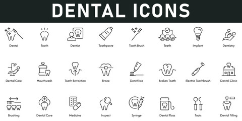Dental Icons vector illustration with thin line editable stroke contains tooth, dentist, toothpaste, toothbrush, teeth, implant, dental chair, mouthwash, brace, broken tooth, inspect, filling, tools