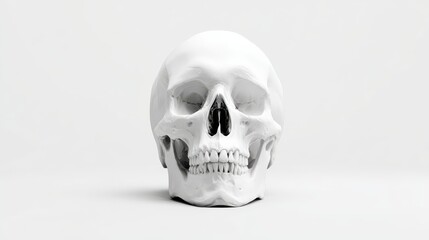 Minimalist skull design, stark white backdrop, contemporary art piece, striking visual contrast, modern aesthetic appeal, intriguing focal point.
