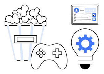 Popcorn bucket, game controller, lightbulb with gear, and digital health card symbolize fun, creativity, technology, and health. Ideal for entertainment, technology gaming health innovation