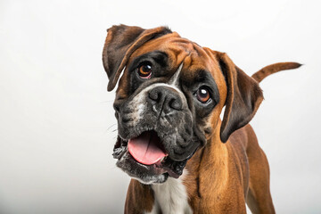 Fototapeta premium Happy boxer dog tilting head with tongue out. Adorable brown boxer portrait on white background.
