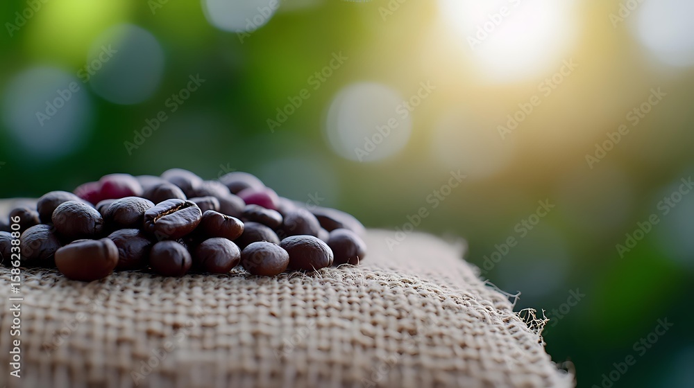 Poster fresh roasted coffee beans scattered on rustic burlap sack with soft green bokeh background, macro f