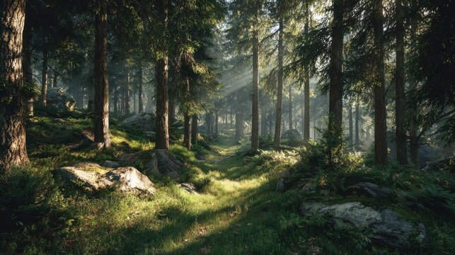 A tranquil forest glade with sunlight streaming through the trees offers subtle copy space for Independence Day