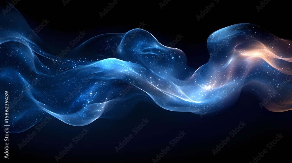 Poster glowing blue ethereal wave formation with light particles flowing through dark space, creating dynam