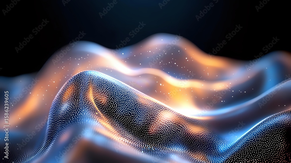 Poster glowing abstract wave pattern with orange and blue light effects on dark background, featuring dynam