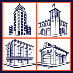 Fototapeta premium Four architectural building outlines architecture vector
