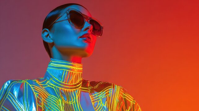 futuristic photoshoot features model in sleek reflective outfit with glowing lines, set against vibrant gradient background. model wears large sunglasses, enhancing modern aesthetic
