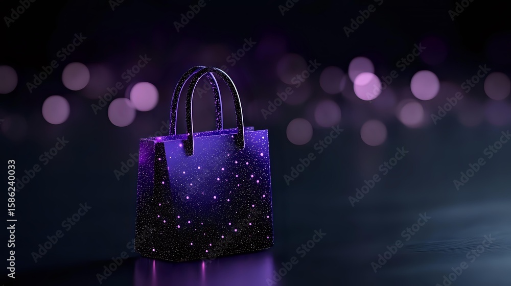 Poster glowing purple shopping bag with starry pattern against dark background with bokeh lights, creating 