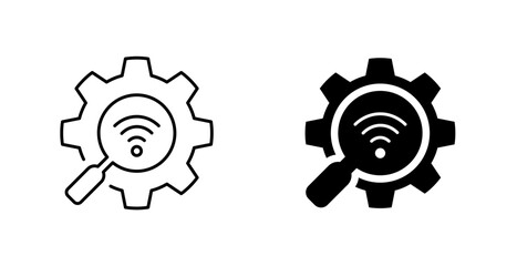 Loupe, signal, cogwheel icon. Wifi connection searching symbol