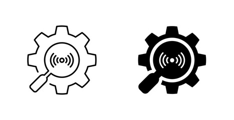 Loupe, signal, cogwheel icon. Wifi connection searching symbol