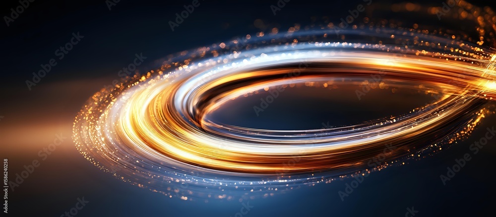 Poster glowing spiral light trail with golden particles swirling in dark space creating dynamic motion effe