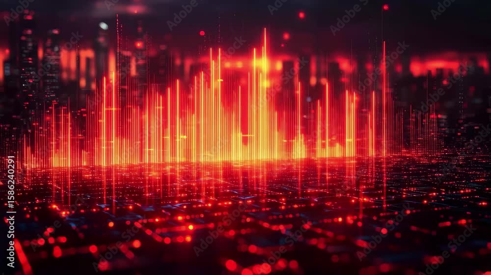 Poster data visualization of a vibrant city at night with illuminated graphs and digital patterns
