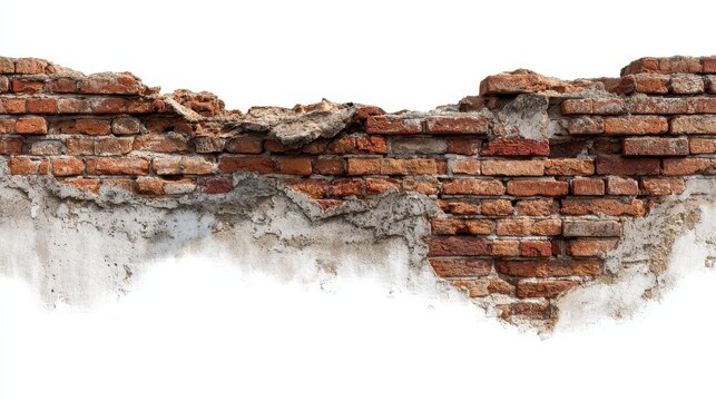 Old crumbling brick wall isolated on white background.