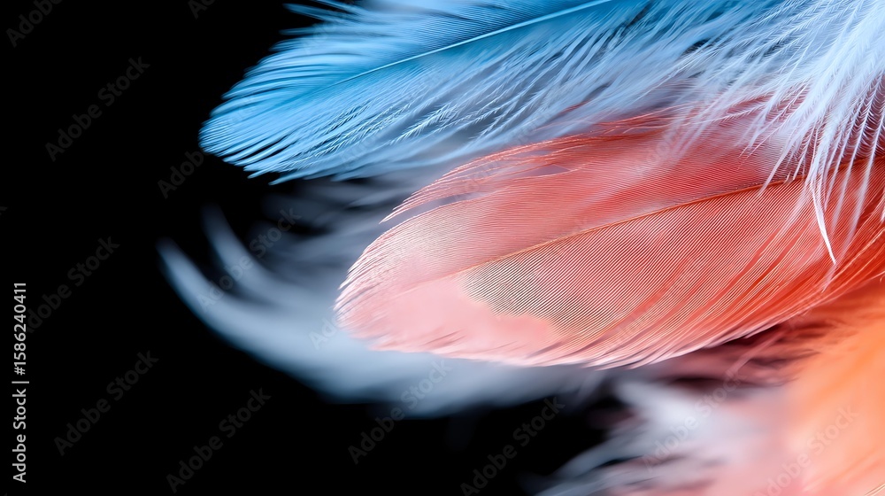 Poster delicate feathers in soft blue and coral pink tones against dark background create dreamy ethereal m