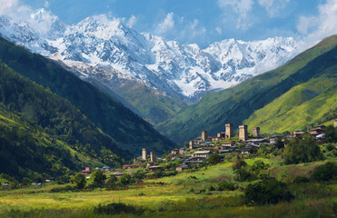 Fototapeta premium A Historic Village in a Mountain Valley with Snow-Capped Peaks