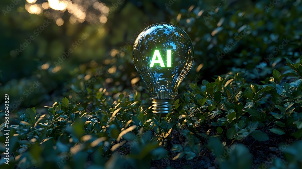 Poster glowing light bulb with green ai text illuminated against natural foliage background at dusk, symbol
