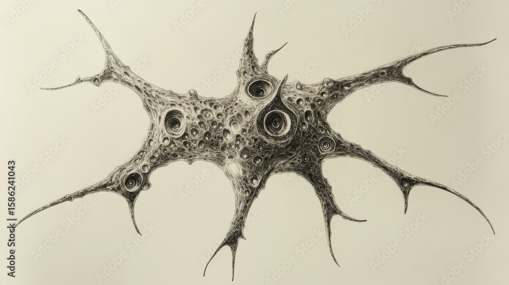 Poster a surreal and organic abstract figure drawn in a monochromatic pencil or ink style, featuring a star