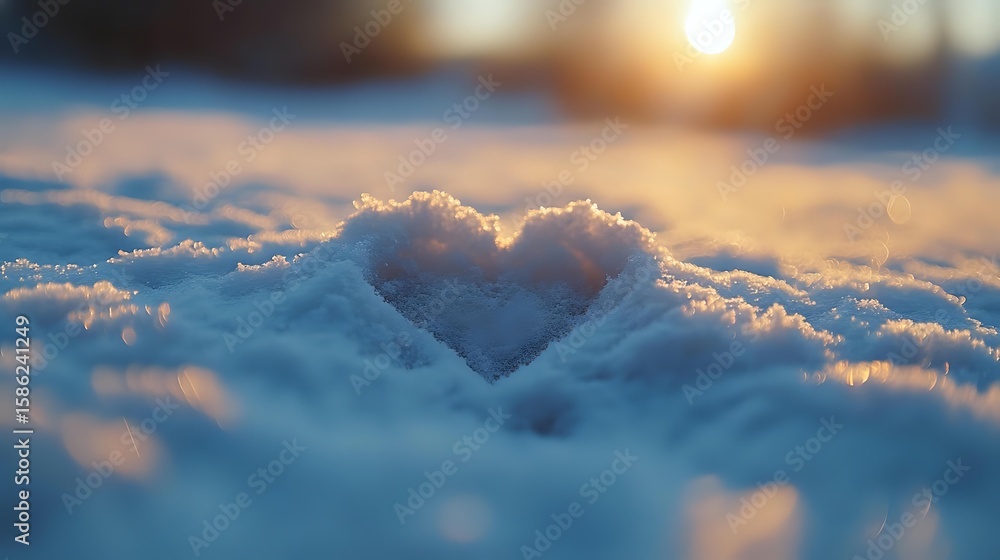 Poster heart-shaped depression in fresh snow illuminated by golden winter sunset light, creating magical at