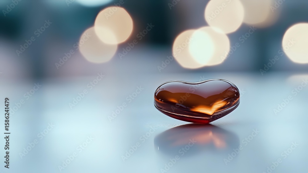 Poster heart shaped amber liquid drop on reflective surface with soft bokeh lights in background creates ro
